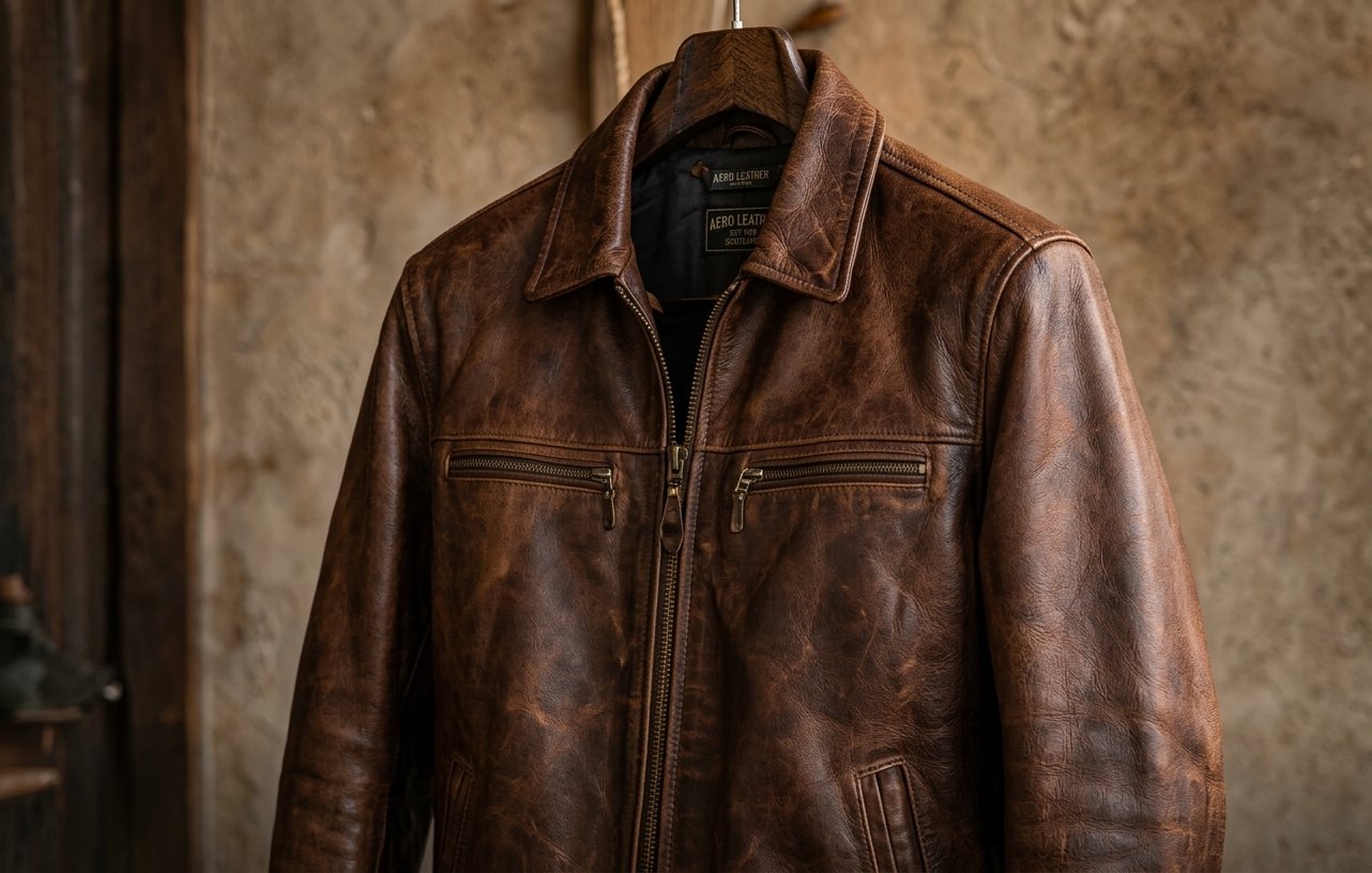 Brown leather jacket on a hanger