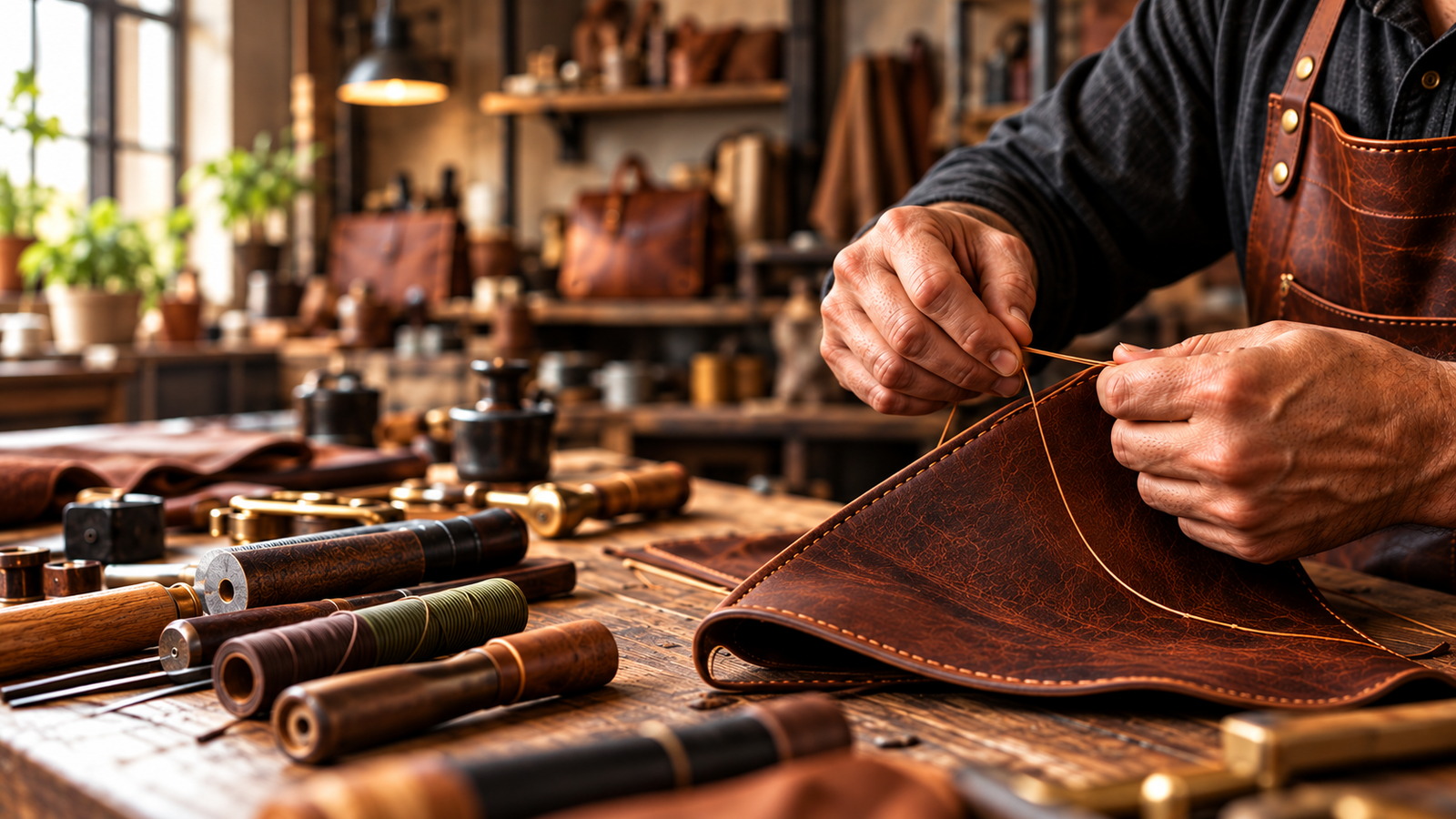 Craftsman hand-stitching a piece of brown leather at a workshop bench