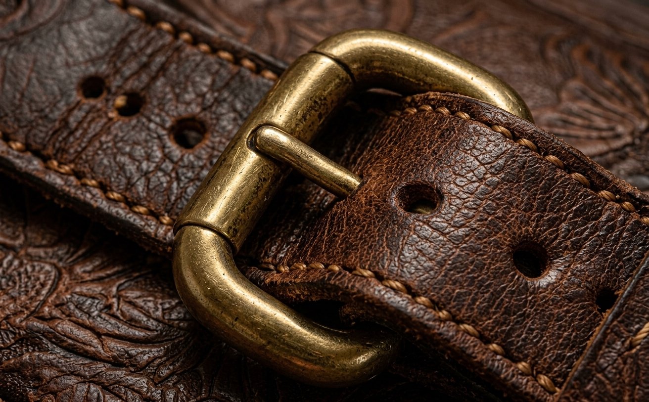 Brass belt buckle on a leather belt